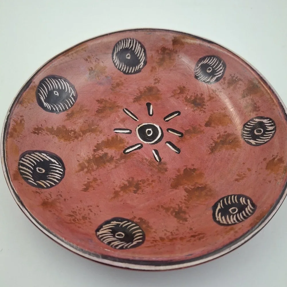 Vintage Southwest Redware Pottery Plate Hand Etched Sun Sgraffito 6